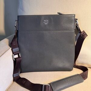MCM Charcoal Messenger Bag with Brown Strap